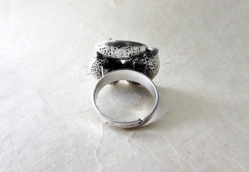 Silver Flower Ring Large Cocktail Ring Adjustable Band Oxidized Silver Statement Ring White Pearl Ring Etched Petals Calla Lily Ring