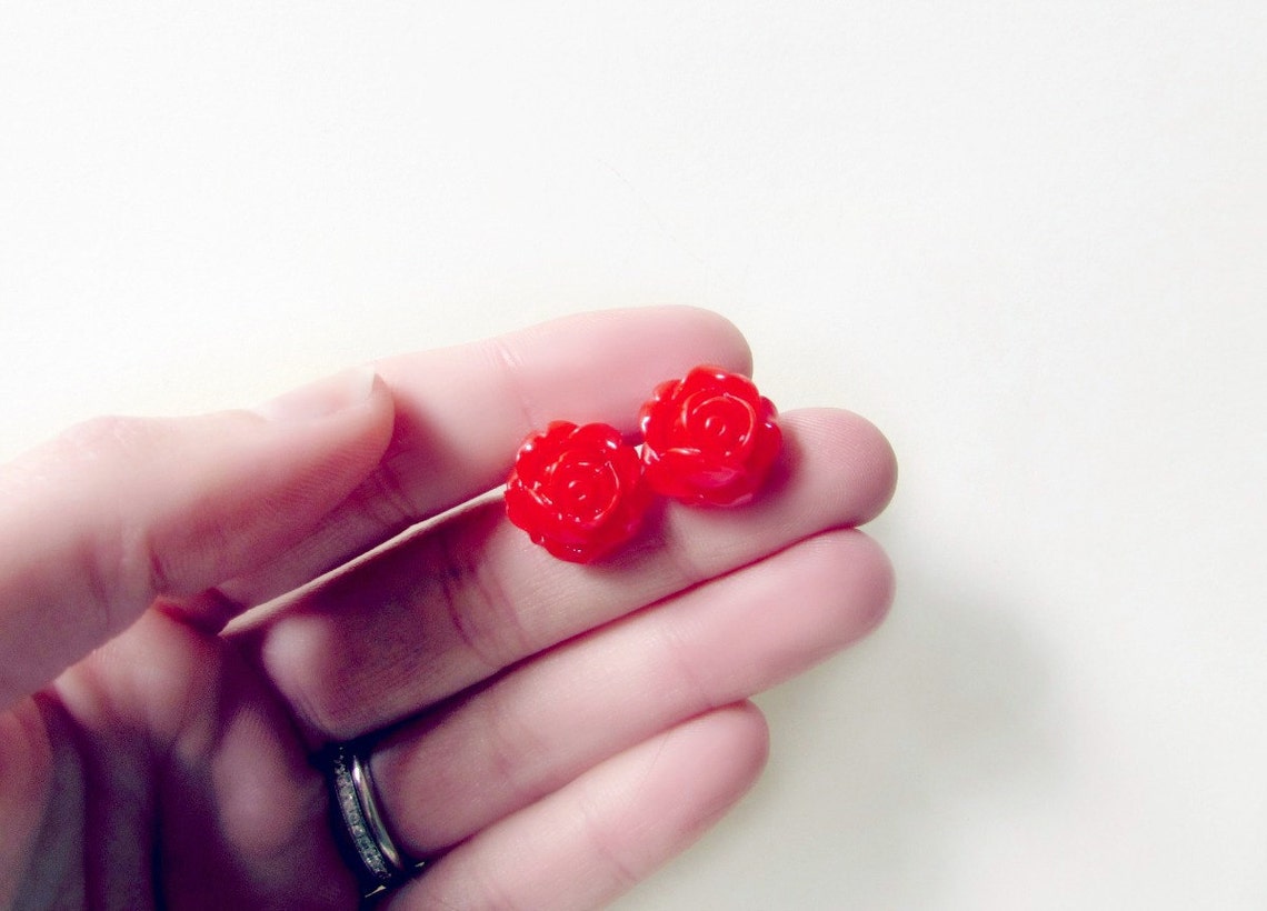 Red Rose Earrings Rose Stud Earring Big Flower Earrings Red Etsy