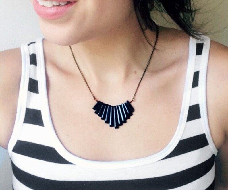 Black Onyx Necklace, Onyx Bib Necklace, Graduated Fan Necklace, Black Geometric Jewelry, Simple Gemstone Necklace, Wire Wrapped Pendant image 2