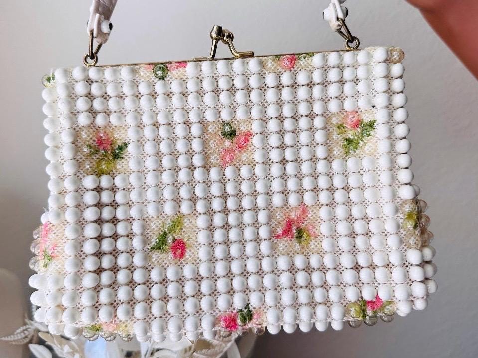 1950s Vintage Beaded Purse, White Large Candy Dot Bag Floral