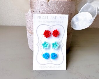 Flower Earring Set, Red Mint + Sky Blue Flower Stud Earrings, Cute Stud Earrings, Flower Earrings, Hypoallergenic Post Earrings Gift Set