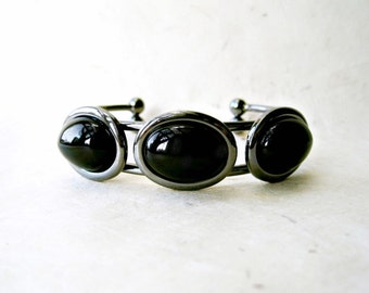Black Onyx Bracelet. Open Cuff Bracelet. Black Gemstone Jewelry. Triple Stone Gunmetal Bracelet. Silver Bangle w Jet Black Natural Cabochons