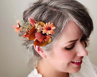 Autumn Hair Clip, Rustic Orange Browns + Pink Fall Foliage Wedding Hair, Floral Autumn Fascinator Burnt Orange Copper Bride Hair Accessories