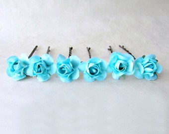 Turquoise Hair Pins, Blue Rose Hair Pins, Tropical Blue Rose Bobby Pins, Bright Blue Bridesmaids, Wedding Hair Flowers, Hair Pins Set of 6