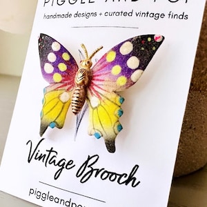 Vintage Butterfly Brooch, Pretty Colorful Fuzzy Butterfly Pin, Beautiful Purple Pink Yellow Butterfly, Cottagecore Enamel Pin Spring Jewelry