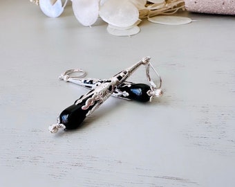 Black Teardrop Earrings, Spooky Season Long Black Victorian Earrings, Czech Glass Earrings, Silver Filigree Cone, Black and Silver Jewelry