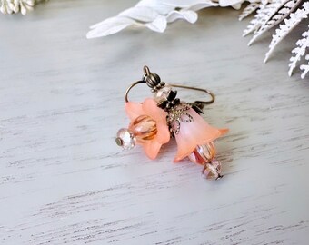 Peach Flower Earrings, Handmade Peach Lucite Flower Earrings, Peachy Spring Faerie Earrings, Fantasy Fairy Dangle Earrings, Antique Bronze