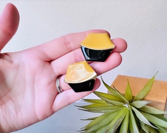 Two-tone Hexagon Earrings, Black and Mustard Yellow Enamel Metal Pierced Earrings, Unique Vintage Gold Accent Pierced Post Earrings