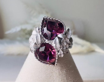 Purple Heart Cocktail Ring, Vintage Adjustable Silver Ring with February Birthstone Amethyst and Flowers
