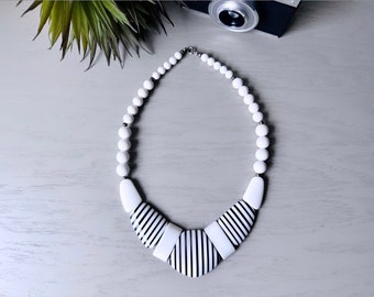 Black and White Vintage Necklace, Vintage Acrylic Necklace, Vintage Nautical Sailor 1960s Retro Mod Necklace, Unique Chunky Striped Necklace