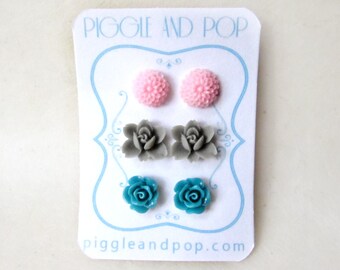 Flower Stud Earrings Set, Small Flower Earring, Pink Grey and Teal, Three Pairs of Resin Cabochon Earrings, Dahlia Orchid and Rose Studs