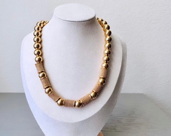 Vintage Napier Gold Beaded Necklace, 1980s Runway Couture Polished Gold Tone Textured Beads Designer Costume Jewelry Excellent Condition