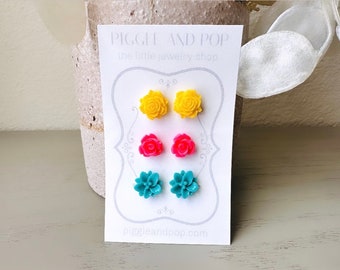 Earring Stud Set, Flower Stud Earrings Set, Flower Earrings, Yellow Rose Earrings, Bubblegum Pink Rose Earring, Teal Lotus Earrings