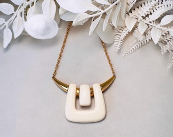 Crown Trifari Necklace, Vintage 1970s Abstract Geometric Gold and Cream Lucite Statement Necklace