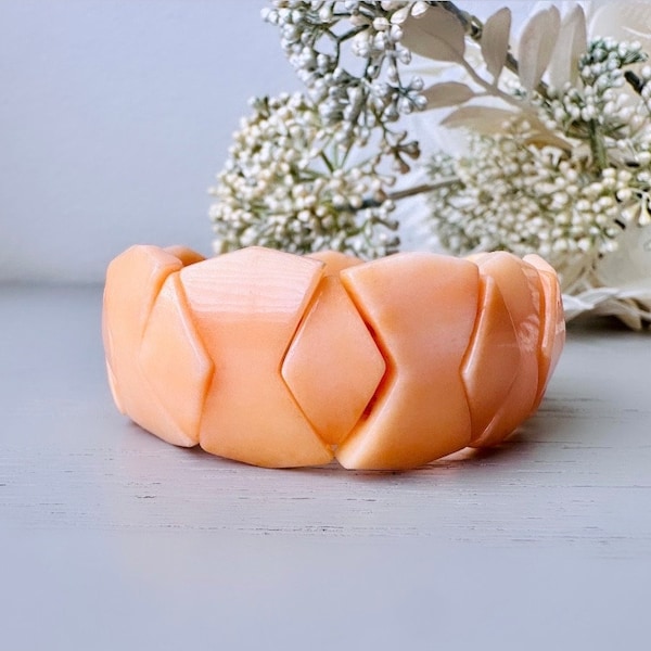 Peach Geometric Stretch Bracelet, Cute Beaded Bracelet, Panel Bracelet, Pretty Everyday Funky Retro Bracelet