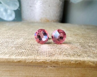 Pink Swarovski Crystal Earrings, Dainty Sparkly Pierced Post Earrings with Hypoallergenic Posts and Backs