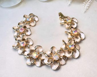 Art Deco Floral Bracelet, Romantic 60s Vintage Flower Link Bracelet with Crystals
