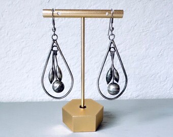 Gunmetal Silver Drop Earrings, Pendulum Dangle Hook Earrings, Unique Vintage Earrings, Matte Silver Geometric Dangle Earrings