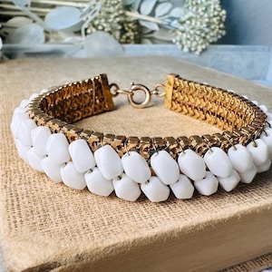 White Vintage Bracelet, Gorgeous 1960s Milk Glass Bracelet, Triple Strand Gold Mesh Chain Bracelet with Woven White Faceted Crystals