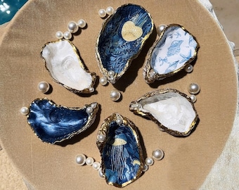 Oyster Shell Trinket Dish, Handmade Coastal Jewelry Holder with Pearls