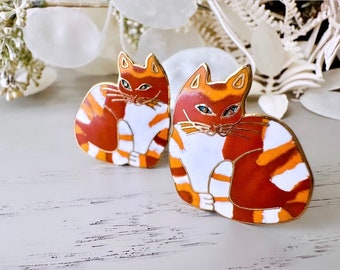 Vintage Cat Earrings, 1980s MEOW Signed Designer Enamel Clip On Earrings, Big Orange Cat Earrings, Whimsical Kitschy 80s Clip-Ons NonPierced