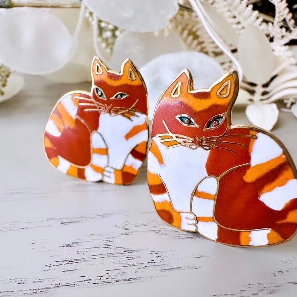 Vintage Cat Earrings, 1980s MEOW Signed Designer Enamel Clip On Earrings, Big Orange Cat Earrings, Whimsical Kitschy 80s Clip-Ons NonPierced