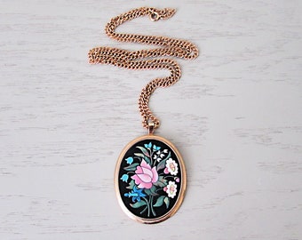Vintage Flower Necklace, Avon Florentine Mosaic Pendant Necklace, 1974 Painted Flower Pendant, Black Gold Teal and Pink, Long Chain Necklace