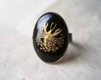 Cancer Zodiac Ring, Black Vintage Astrology Glass Cameo Ring with Gold Etching, Adjustable Thick Antique Bronze Band