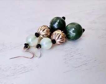 Green and Bronze Vintage Earrings, Jade Acrylic Beaded Long Dangle Earrings, Cute Everyday Bold Earrings, French Hook Pierced Earrings