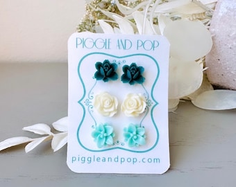 Flower Stud Earrings Set, Emerald Orchid Earrings, Cream Rose Earring, Mint Lotus Earrings, Earring Stud Set, Cute Resin Stud Earrings