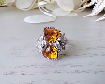 Vintage 70s Ring, Topaz 1973 November Birthstone Cocktail Ring, Double Heart Love Story Ring, Chunky Costume Jewelry, Vintage Sarah Coventry