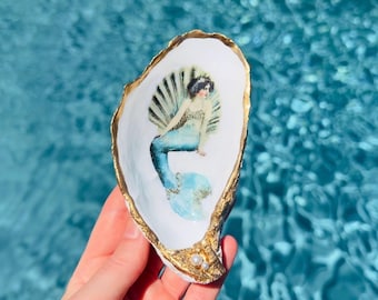 Meerjungfrauen-Schale aus Austernschalen, handgefertigter Schmuckhalter im Küstenstil mit Perlen und Vintage-Meerjungfrauenmotiv