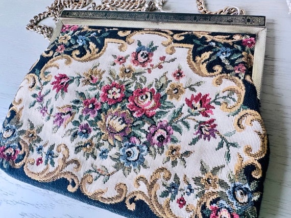 Vintage Black Floral Tapestry Purse with Gold Cha… - image 7