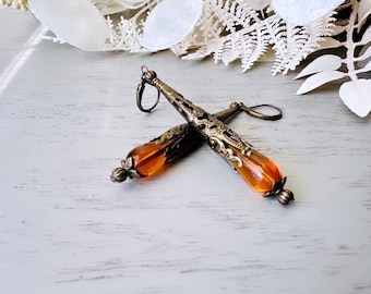 Handmade Amber Teardrop Earrings, Intricate Stamped Bronze or Silver Filigree Cones with Beaded Crystals, Victorian Inspired Dangle Earrings