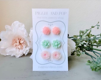 Flower Earrings Gift Set, Pink and Mint Spring Floral Earring Stud Set, Surgical Steel Earring, Mint Daisy Earring, Pink Rose Stud Earrings