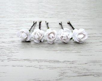 White Rose Bobby Pins, Bridal Hair Pins, Flower Hair Pins White Wedding Hair Flowers, Paper Flower Bridal Clips, Crepe Paper Rose Hair Pins