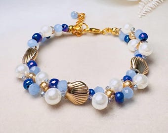 Pearl Beaded Bracelet, Handmade Mermaid Jewelry with Gold Shells + Blue Opal Beads