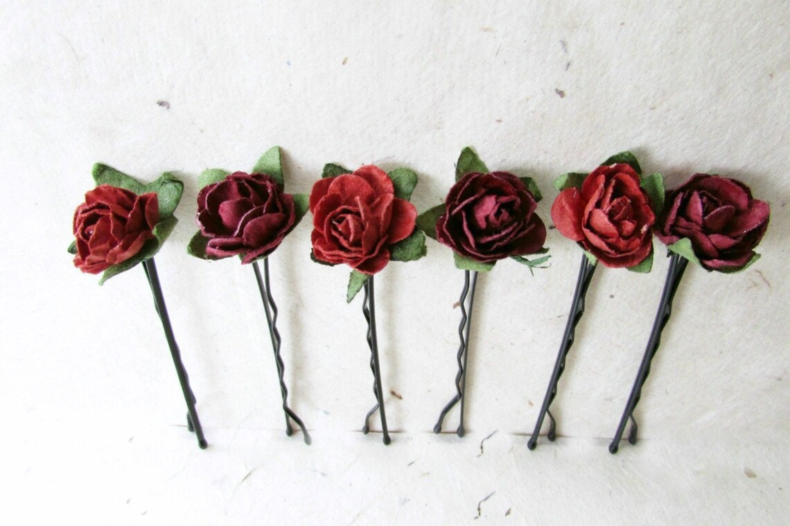 Flower Hair Pins Red Rose Hair Pins Paper Rose Bobby Pins Etsy