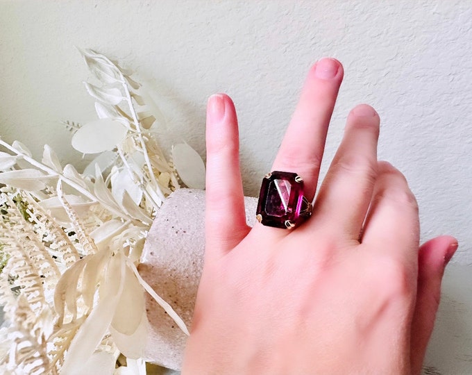 Costume Rectangular Rings Vintage 70s Ring, Large Solitaire Amethyst Rectangle Emerald Cut 1978 ...