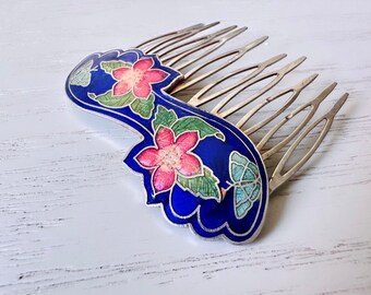 Vintage Cloisonné Hair Comb, Whimsical Cobalt Blue Pink Butterfly and Flowers Silver Tone Pink & Blue Floral Cloisonne Vintage Comb Unmarked