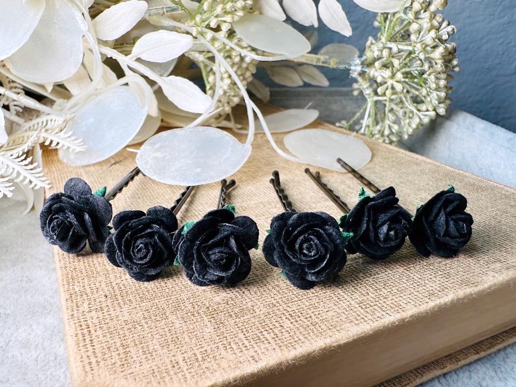 Black Rose Hair Pins, Dramatic Wuthering Heights Black Wedding