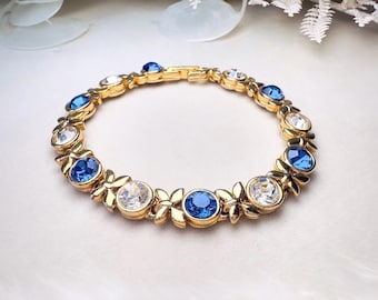Vintage Tennis Armband mit saphirblauen und Diamant Strasssteinen, XO Gold Link Armband mit Fold Over Verschluss