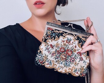 Vintage Black Floral Tapestry Purse with Gold Chain Strap, 1950s Vintage Handbag, Flower Print Gold Hardware,