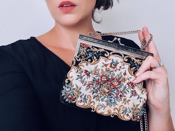 Vintage Black Floral Tapestry Purse with Gold Cha… - image 1