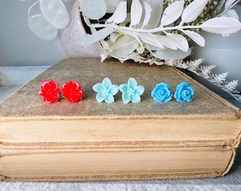 Flower Stud Earring Set in Red, Mint, and Sky Blue. Colorful Resin Flower Earrings with Hypoallergenic Posts