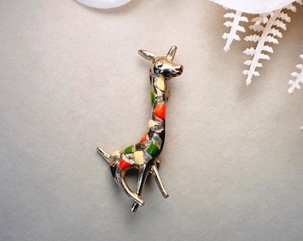 Vintage Giraffe Brosche, Safari Tier Motiv, 1960s Emaillierte Giraffe Anstecknadel mit Orange Gelb und Grünen Akzenten, niedlicher Baby Tier Schmuck