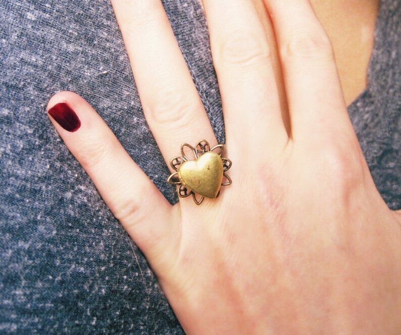 Valentine Gold Locket Ring Heart Locket Ring Keepsake Gift Etsy