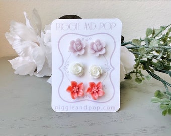 Flower Earrings Gift Set, Pink White and Lavender Floral Stud Earring Set, Hypoallergenic Surgical Steel Earring, Rose Lotus Lily Earrings