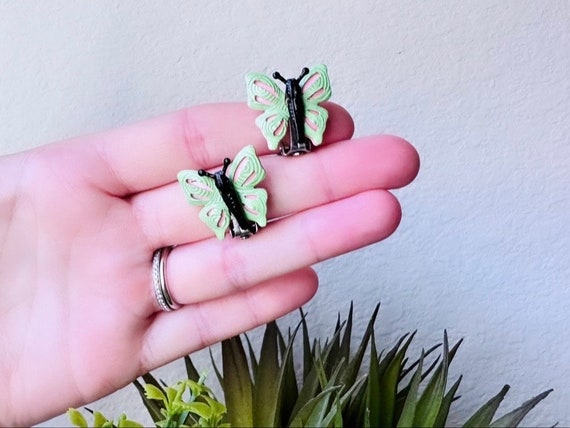Green Butterfly Earrings, 1970s Vintage Earrings … - image 1