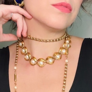 Collar Napier de perlas doradas, gargantilla vintage de cadena dorada de los años 80 con perlas tejidas, collar de eslabones dorados de pasarela de alta costura.